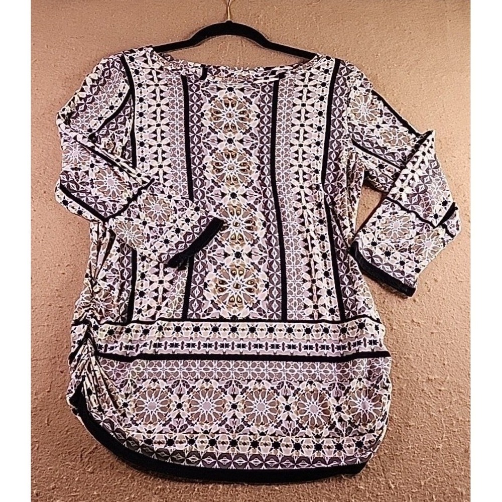 Ruby Rd Womens Geometric Tile Print Embellished Boat Neck 3/4 Sleeve Top Size M